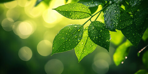 Poster - Close-up of green leaves with water droplets, showcasing vibrant natural texture and freshness, symbolizing growth, purity, and the environment, ideal for nature or eco concepts