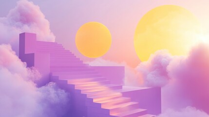 Aufkleber - Pink stairs ascending to pastel sky with clouds and suns.