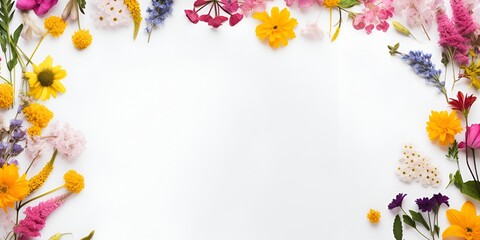 Wall Mural - Flat lay of a blank white page surrounded by colorful flowers on the edges, against a white background. Flatlay photography