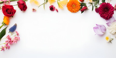 Wall Mural - Flat lay of a blank white page surrounded by colorful flowers on the edges, against a white background. Flatlay photography