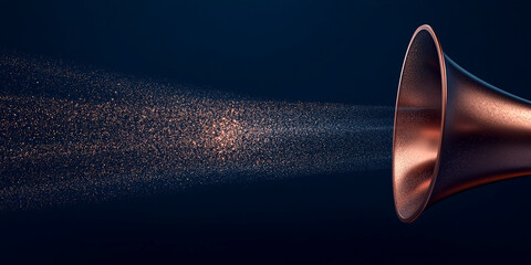 Poster - Copper horn emitting golden particles against dark blue background, showcasing a concept of spreading news, ideas, or information, ideal for communication or technology themes