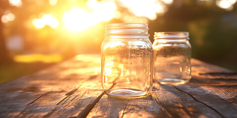 Aufkleber - Two empty glass jars sit on a rustic wooden surface, bathed in warm sunset light.  The scene evokes feelings of tranquility and simplicity, ideal for a calming or nature-themed design