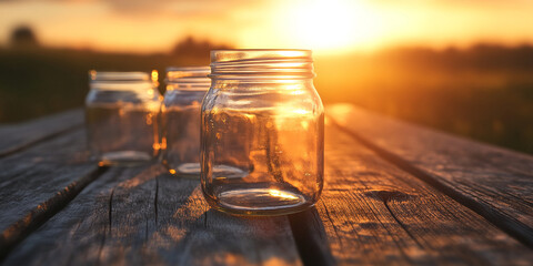 Poster - Empty glass jars on rustic wooden table at sunset, backlit by warm golden light, showcasing simplicity and potential, ideal for product display or rustic themes
