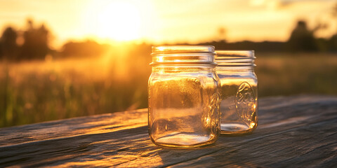 Poster - Two empty glass jars on rustic wooden table at sunset, backlit by warm golden light, suggesting tranquility and simplicity, perfect for rustic or nature themes