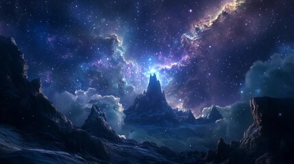 A beautiful night sky with a mountain in the background. The stars are shining brightly and the sky is filled with clouds