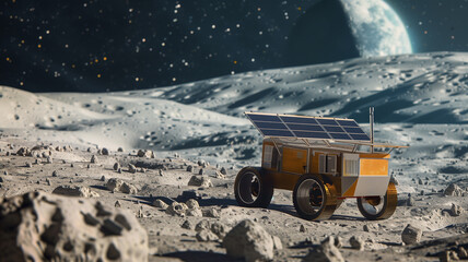Poster - This Rover equipped with solar panels working on asteroid regolith extraction in a distant location.