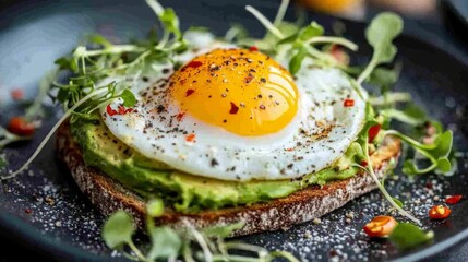 Poster - An artistic shot of avocado toast with a perfectly fried egg on top, garnished with chili flakes and microgreens, highlighting a trendy brunch option.
