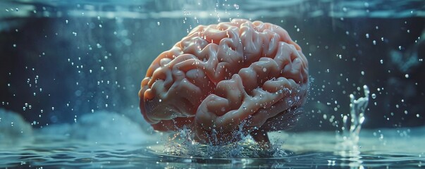 Poster - Emerging from water with splashes, a lifelike human brain represents intelligence, creativity, and ideas