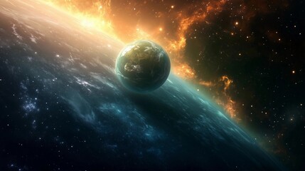 Wall Mural - a planet is floating in space with a bright orange and blue sky. the planet is surrounded by a lot o