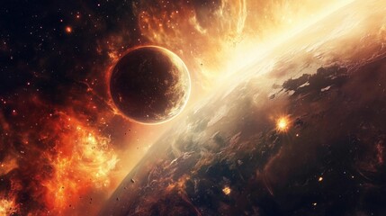 Wall Mural - a planet with a large red and white planet in the background. the planet is surrounded by a lot of s