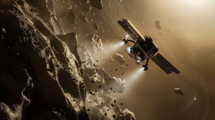 Poster - This spacecraft equipped for asteroid excavation operates to collect regolith in space.