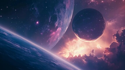Wall Mural - a space scene with a planet and a moon. the planet is surrounded by a cloud of gas and the moon is i