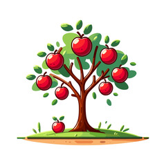 Wall Mural - Vector art of apple tree with red fruits on brown trunk with fallen apple. Perfect for harvest themes, orchard guides and agricultural education.