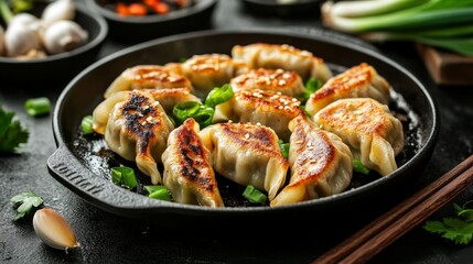 Poster - An artistic shot of gyoza being pan-fried in a skillet, with the crispy bottoms sizzling, surrounded by fresh ingredients like garlic and scallions for a vibrant presentation.
