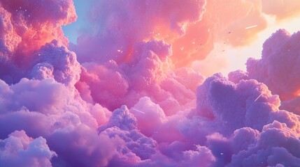 Poster - Dreamlike pastel pink and purple cloudscape at sunset, with light rays.