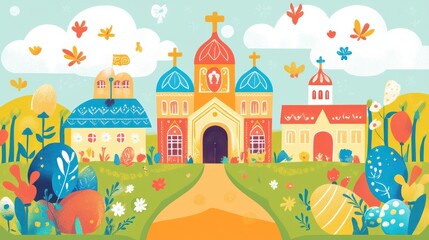  Easter church craft Colorful illustrated church surrounded by whimsical nature and playful animals in a vibrant landscape.
