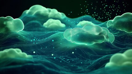 Fototapete - Abstract green glowing cloudscape with digital network connections and particles.