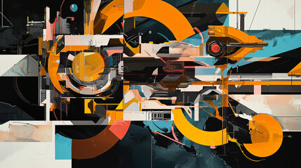 Poster - Colorful abstract artwork featuring a complex composition of intersecting and overlapping shapes creating a striking visual impact on the viewer.