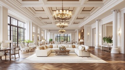 Aufkleber - An elegant living room with high ceilings, beautiful chandeliers, and a comfortable sofa arranged around a classic coffee table for an inviting feel.