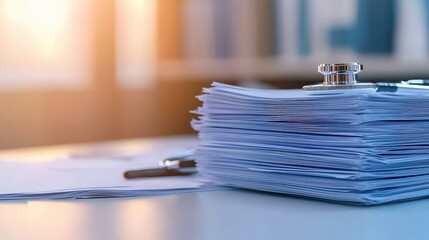 Poster - A close-up of a stack of documents organized with a binder clip, illuminated by warm light, suggesting productivity and office environments, health info records management.