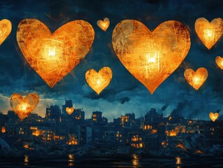 26 floating lanterns shaped like hearts over devastated city, neotraditional, gold and dark blue, il