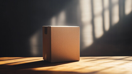 Poster - A cardboard box sitting on a wooden surface with sunlight shining through window blinds on it