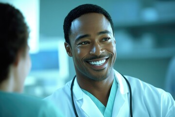 Poster - A smiling Black male doctor in a white coat talks to a patient, conveying confidence and care.