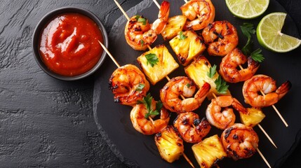 Poster - An overhead shot of skewers of shrimp and pineapple, glazed with barbecue sauce, placed on a dark slate plate with lime wedges for a tropical touch.