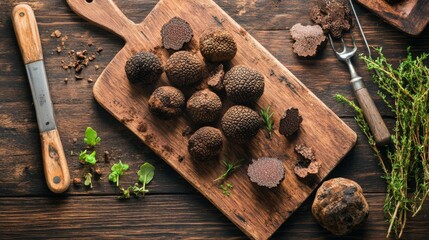 Poster - An overhead view of a selection of truffles on a wooden cutting board, with a focus on their distinctive shape and texture, surrounded by a few kitchen tools.