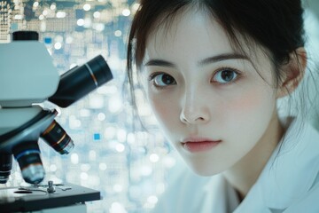 Poster - A young female scientist focuses intently on a microscope, working in a modern laboratory setting.
