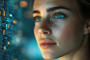Aufkleber - A young woman with freckles gazes at a vibrant digital circuit board, showcasing a blend of human beauty and technological advancement.