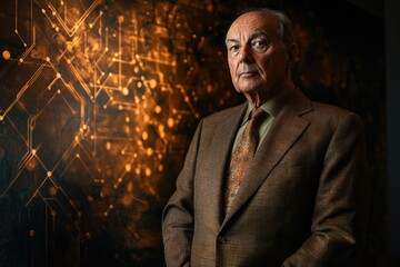 Poster - Portrait of a senior man in a brown suit against an abstract orange background, conveying wisdom and experience.