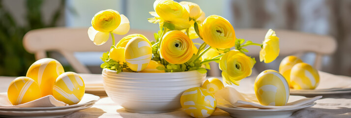 Aufkleber - Colorful yellow flowers and decorated eggs create a joyful spring centerpiece on a dining table