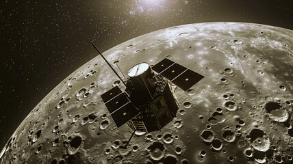 Poster - This spacecraft hovers above an asteroid, focusing on regolith excavation for resource refinement.