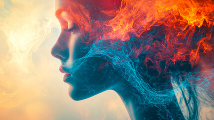 Leinwandbilder - Creative portrayal of a woman merging with vibrant fire and smoke in an artistic setting
