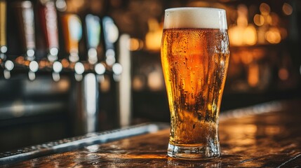 Poster - A beautifully poured beer in a clear, tall glass with condensation, sitting on a wooden bar with a soft, blurred background of bottles and taps.