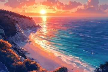 Poster - Sunset paints the ocean and beach in vibrant hues, a cliff overlooking the scene.