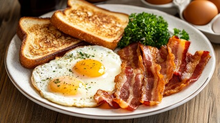 Poster - A breakfast plate with crispy bacon, fried eggs, and buttered toast, served on a rustic wooden table for a hearty morning meal.