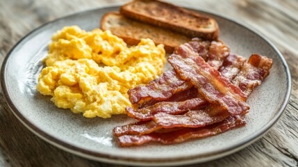 Poster - A breakfast plate with crispy bacon strips, scrambled eggs, and toast, served on a rustic table with natural light.