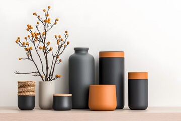 Poster - A curated collection of various storage containers in different shapes textures and materials including cardboard wicker and metal neatly organized on a light wooden surface