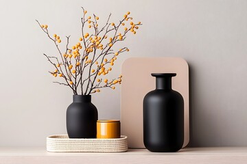 Poster - A diverse array of storage solutions including cardboard crates wicker trays and metallic containers are positioned purposefully on a light wood surface curated for a chic