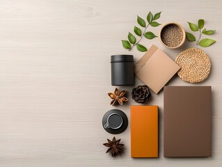 Poster - A minimalist flat lay showcasing an assortment of practical storage containers in an organized layout  with cardboard  wicker  and metal pieces carefully arranged on a light wooden tabletop