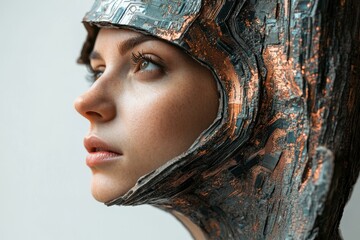 Aufkleber - A woman's face is partially covered by a futuristic helmet crafted from circuit boards, gazing upward.