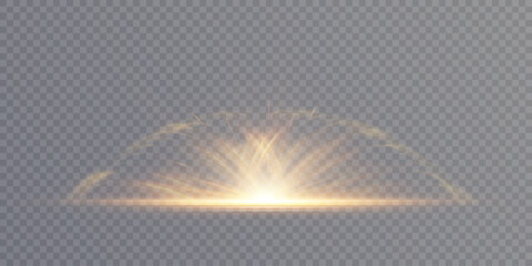Poster - A translucent light effect with soft golden rays radiating upwards from a central flash. The element is isolated on a transparent background, suitable for use in design, editing and visual effects.