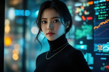 Poster - A young woman with dark hair looks thoughtfully towards a bright, data-filled screen.
