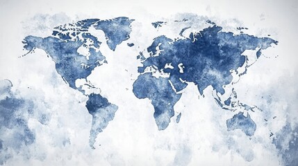 Poster - Watercolor world map with blue hues and faded edges on white background.