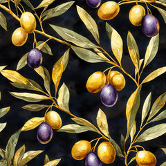 Aufkleber - This artwork showcases an intricate pattern of olive branches adorned with gold and purple olives against a dark background, highlighting nature\'s elegance in a stylish manner