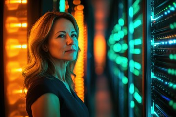 Aufkleber - A confident woman stands in a brightly lit server room, contemplating technological advancements.