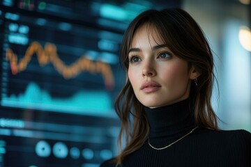 Aufkleber - A young woman with long brown hair gazes thoughtfully at a screen displaying stock market data, contemplating financial trends.