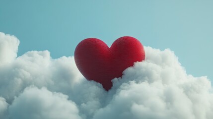 Aufkleber - Red heart nestled in fluffy white clouds against a light blue sky.